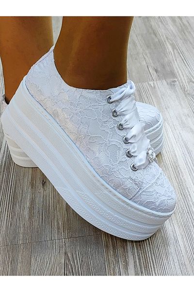 Ayakkabı Tutkusu Stilo ® Bridal Shoes 7cm White Sports Flat Platform Evening Dress Bridal Shoes Flower Satin Patterned Comfortable White