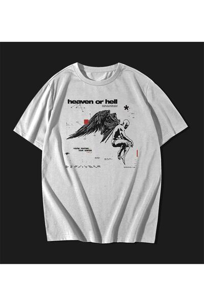 rebelberi Heaven Or Hell Scris Stil Grunge Y2k Oversize Unisex Tricou Alb T-S...