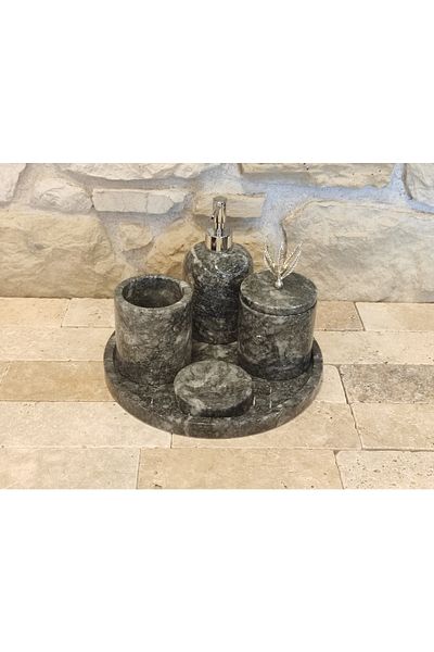 Polen Stone Uludağ Black Marble 5-Piece Bathroom Set with Corner Tray