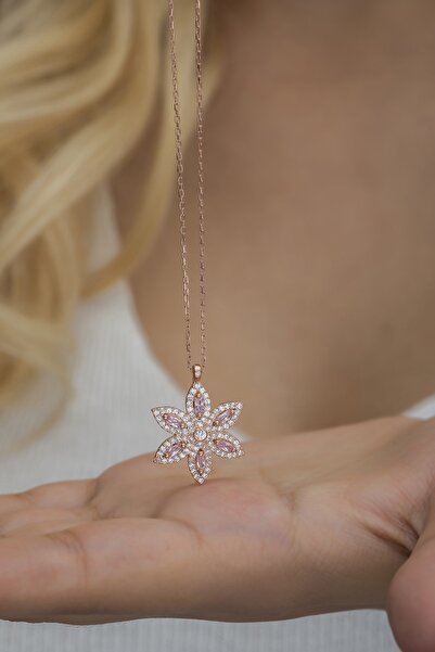 Nereze 925 Ayar Gümüş 6 Yapraklı Pembe Taşlı Çiçek Kolye