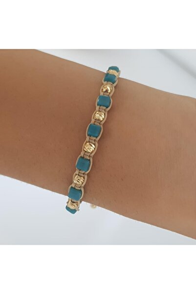 Handmade By HLY سوار محبوك يدويًا بتفاصيل حجر مكعب أزرق قابل للتعديل