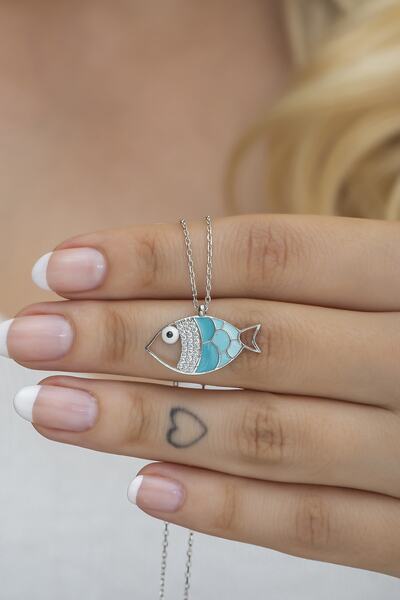 Nereze 925 Ayar Gümüş Turkuaz Mineli Balık Kolye