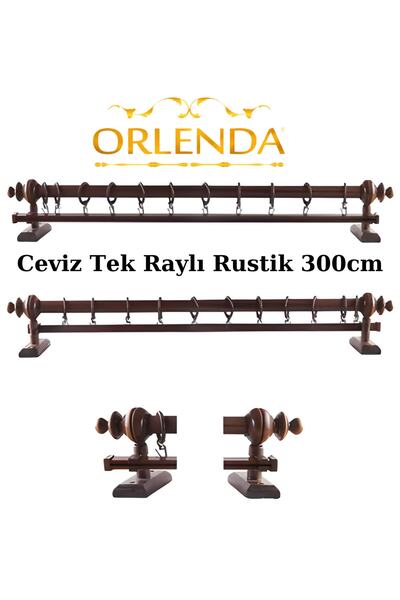 Orlenda Suport pentru perdele rustic din aluminiu cu cap din lemn, șină simplă 300 cm