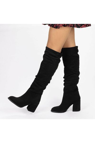MixBrand Cizme de damă din piele intoarsa neagra cu varf ascutit, cu toc gros, burduf sub genunchi