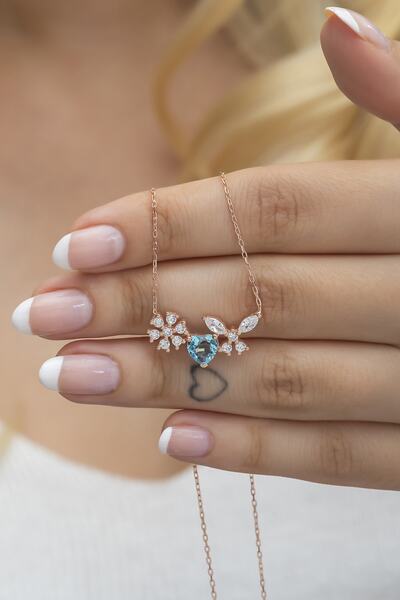 Nereze 925 Ayar Gümüş Kartanesi Yusufcuk Detay Aquamarin Taşlı Kalp Kolye