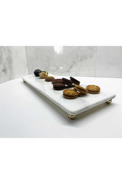 Modestmar Natural White Marble Presentation Tray 15x40 Gold Top Leg