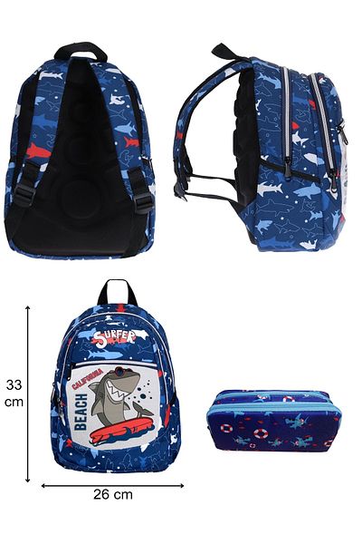 Ewason Crazy Shark Kindergarten Bag (3 Compartments) and Celem Box (2 Compartments)