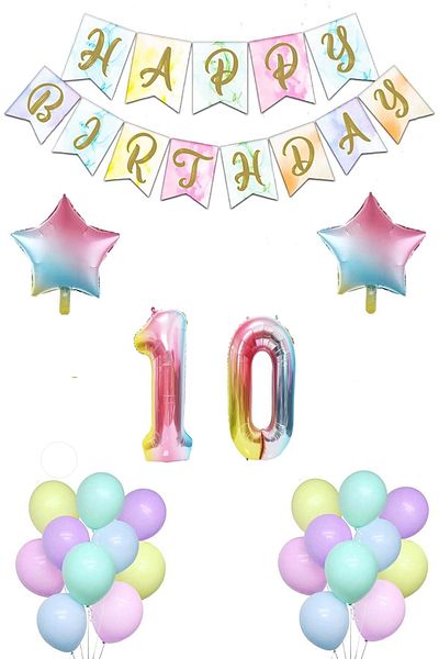 LOTUS PARTY Rainbow Concept 10 Year Old Birthday Set Figure And Star Foil Balloon Banner And Macaron Balloon