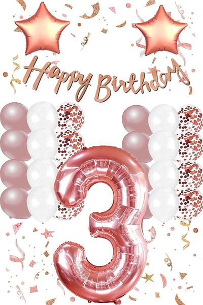 LOTUS PARTY Rose Gold Concept 3 Year Old Birthday Set Number and Star Foil Balloon Banner and 24 Balloons and Stamps