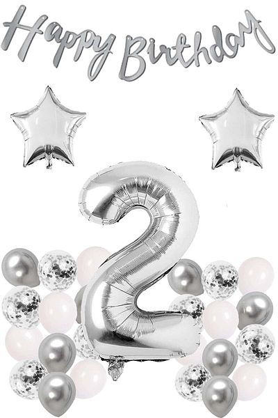 LOTUS PARTY Silver Concept 2 Year Old Birthday Set Number and Star Foil Balloon Banner and 24 Balloons and Stamps
