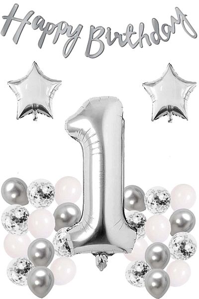LOTUS PARTY Silver Concept 1 Year Old Birthday Set Number and Star Foil Balloon Banner and 24 Balloons and Stamps
