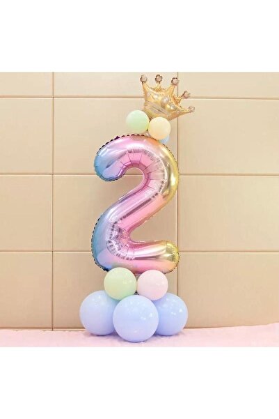 LOTUS PARTY Rainbow Concept 2 Year Old Birthday Set with Figure and King Crown Foil Balloon and 10 Macaron Balloons