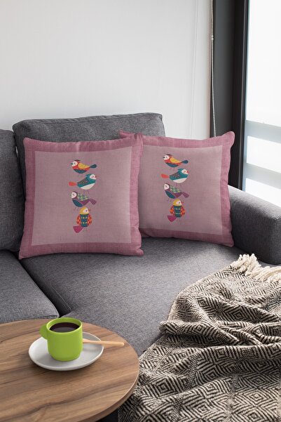 Viva Home 43x43cm Premium Kuşlu Tay Tüyü Çift Taraflı Kırlent Yastık Kılıfı Dokuma Kumaş Krl213