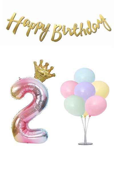 LOTUS PARTY Rainbow Concept 2 Year Old Birthday Set Figure - King Crown Foil Balloon 7-Piece Balloon Stand + Balloon + Text