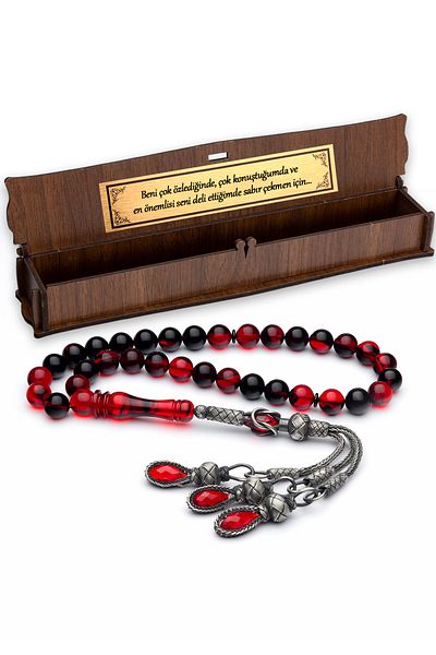 OTTOTESBİH When You Miss Me Too Red Fire Amber Prayer Beads in Wooden Box