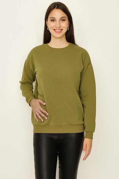 Select Moda Women's Khaki Raised Basic Knitted Sweatshirt