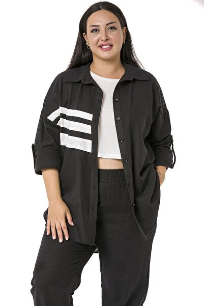 DISENTIS MODEST Σετ πουκάμισο και παντελόνι μεγάλου μεγέθους, λινό μαύρο