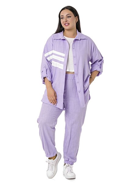 DISENTIS MODEST Σετ πουκάμισο και παντελόνι μεγάλου μεγέθους λιλά λινό