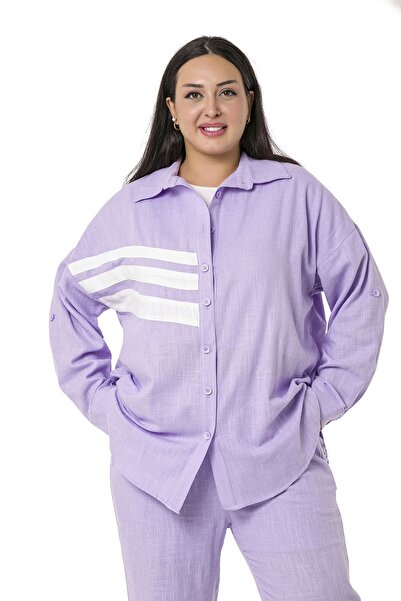 DISENTIS MODEST Σετ πουκάμισο και παντελόνι μεγάλου μεγέθους λιλά λινό