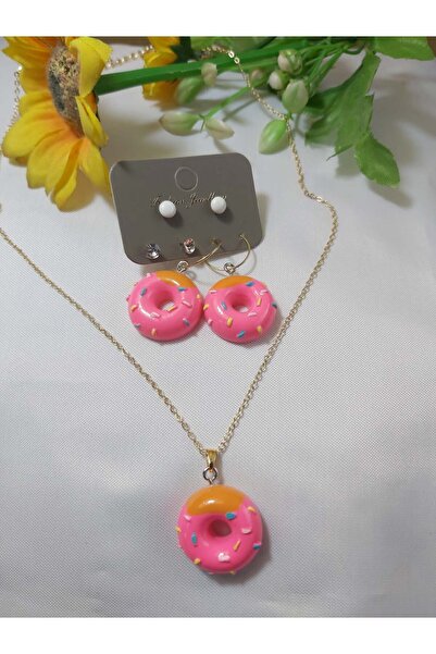 Binlerceal Altın Kaplama Pembe Donut Kolye Küpe Set