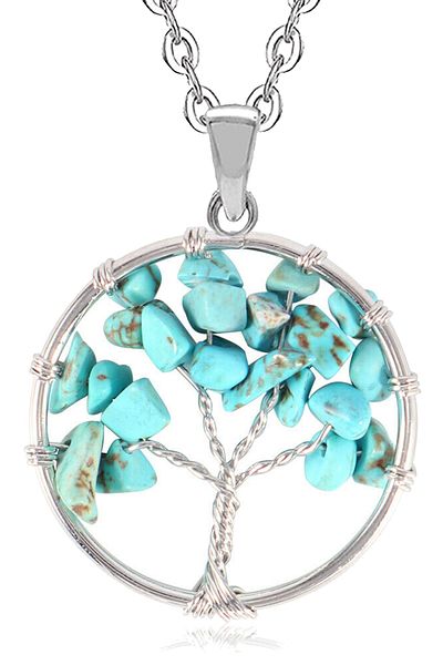Tesbih Atölyesi Certified Natural Turquoise Stone Tree of Life Necklace