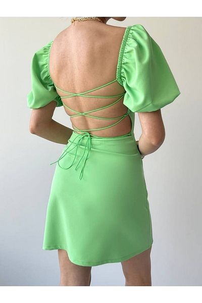 binoi Rochie verde cu mâneci cu balon la spate