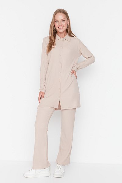 Trendyol Modest Bézs ing-nadrág kötött szett TCTSS22US00037