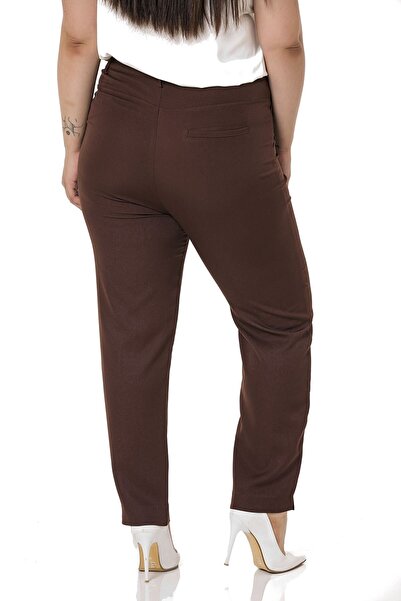DISENTIS MODEST Large Size Narrow Leg Ribbed Stitched Leg Slit Zippered Brown Women's Trousers