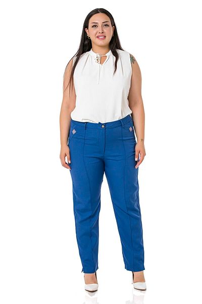 DISENTIS MODEST Large Size Narrow Leg Ribbed Stitched Leg Slit Zippered Indigo Women's Trousers