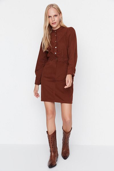 Trendyol Collection Twoaw23El00427 Кафява мини тъкана рокля