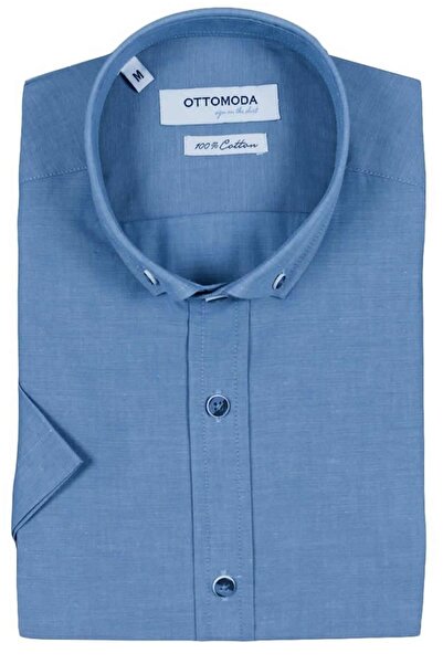 Ottomoda Erkek Mavi Kısa Kollu Regular Pamuklu Düğmeli Gömlek, Ot-c-20186