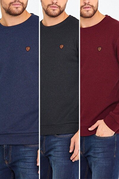 COMEOR Black-Navy Blue-Burgundy 3-Piece Men's Crew Neck Sweatshirt with Chest...