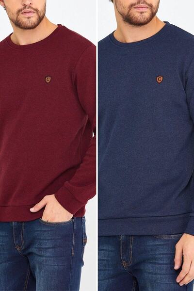 COMEOR Claret Red-Navy Blue 2-Piece Men's Crew Neck Sweatshirt with Chest Emb...
