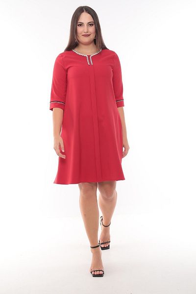 MODAPO Women's Collar and Sleeve Large Size Dress with Stone Accessory Detail