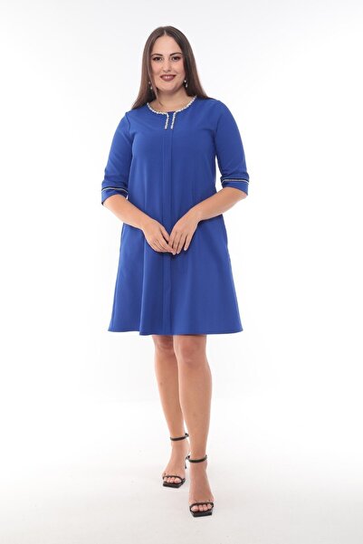 MODAPO Women's Collar and Sleeve Large Size Dress with Stone Accessory Detail