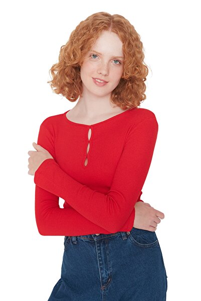 Trendyol Collection Red Collar Detailed Corded Crop Knitted Blouse TWOAW23BZ00363