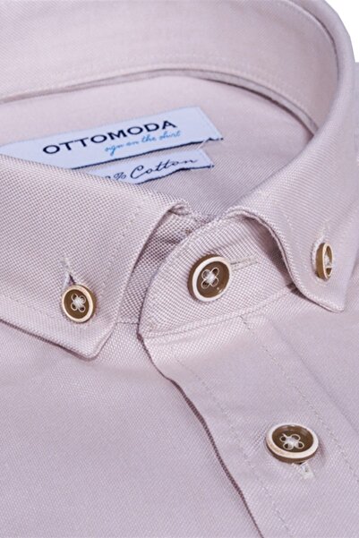 Ottomoda Erkek Bej Uzun Kollu Yarı Slim Oxford Pamuklu Gömlek,ot-c-20148