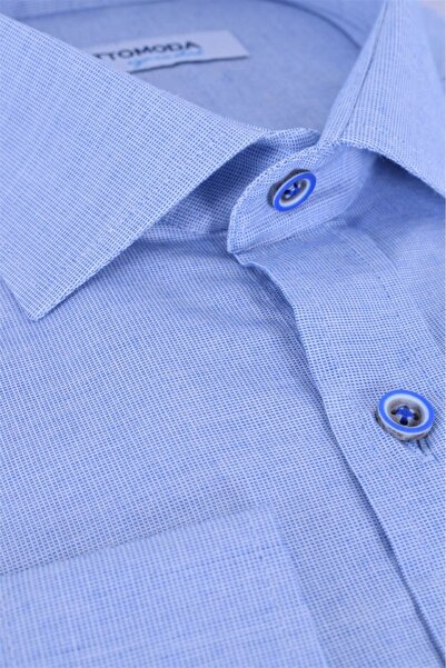 Ottomoda Erkek Mavi Düz Uzun Kollu %100 Pamuklu Regular Gömlek,ot-c-20145