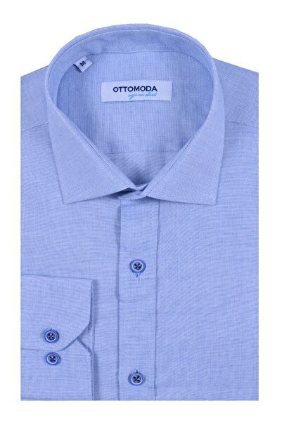 Ottomoda Erkek Mavi Düz Uzun Kollu %100 Pamuklu Regular Gömlek,ot-c-20145