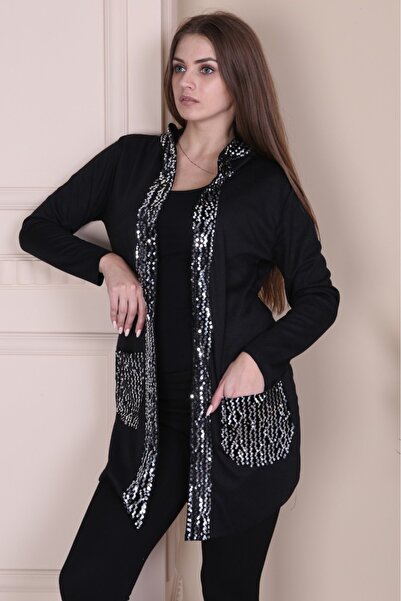 SİZ Kadın Siyah Pul Payet Tasarım Cepli Hırka