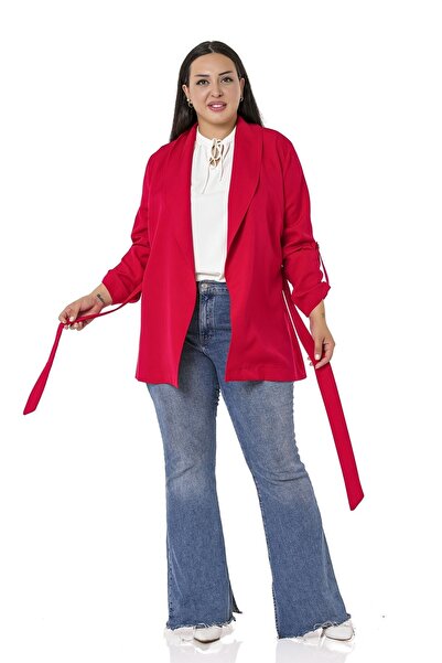 DISENTIS MODEST Jachetă roșie cu guler șal, cu curea integrată și mâneci plia...