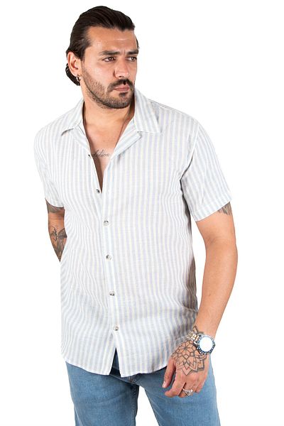 DeepSEA Men's Blue Thin Line Patterned Short Sleeve Raw Linen Shirt2201920