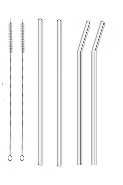 Bremen Home 4-Piece Curved Glass Straws + 2 Cleaning Brushes