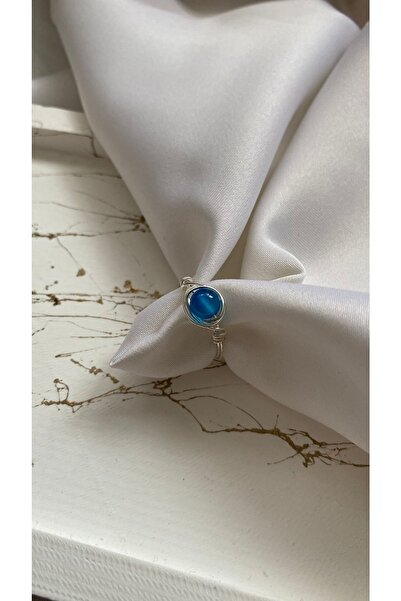 PelvedDesign خاتم سلك من حجر العقيق الأزرق الطبيعي باللون الفضي