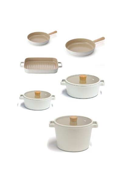 NEOFLAM Fika Alüminyum Döküm 9 Parça Krem Cam Kapaklı Tencere Tava Seti