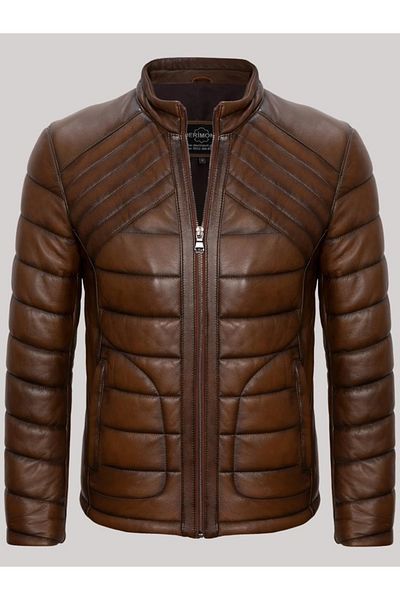 Derimont's Genuine Lambskin Brown Men's Leather Coat Puffer 2 Pocket Leather Jacket