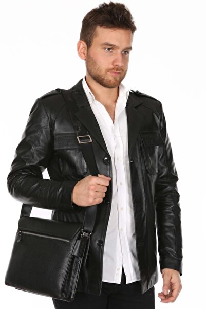 Derimont's Hakiki Deri Siyah Gömlek Cep Düğmeli Erkek Deri Ceket