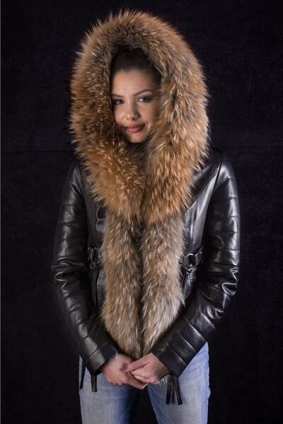 Derimont's Hakiki Deri Siyah Kemerli Kürklü Kadın Ceket