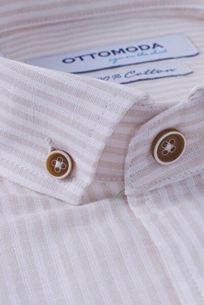 Ottomoda Bej Erkek Keten Düğmeli Yaka Uzun Kollu Regular Gömlek,ot-c-20015