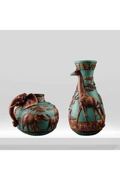 be art you Zürafa Fil Desenli Safari Vazo Ikili Set Biblo